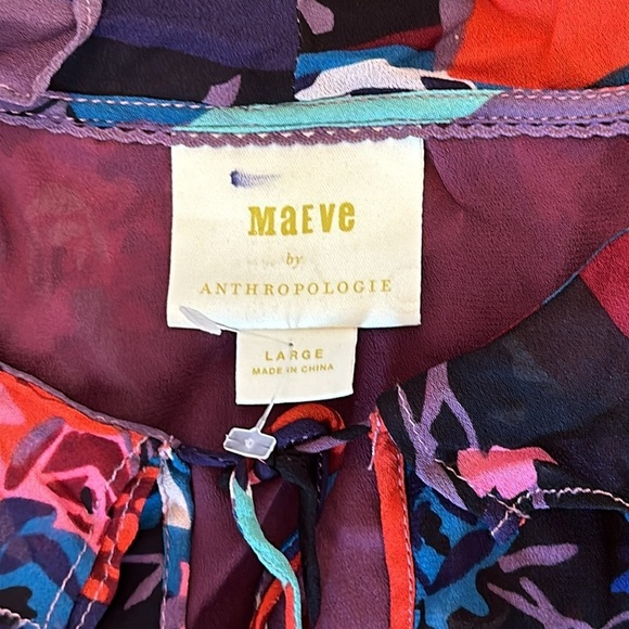 Maeve Multi Color/Pattern Sleeveless Blouse Ruffled Neckline Tie Front A36 - Picture 3 of 4